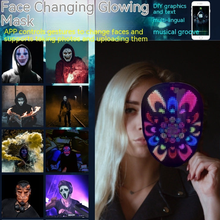Masque LED Halloween à changement de visage Lumineux multicolore pour fêtes